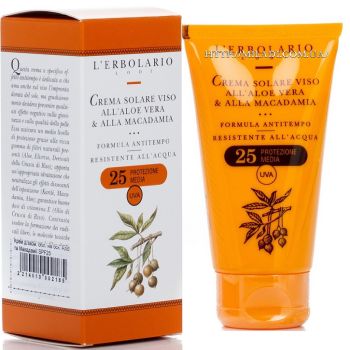Сонцезахисний крем з алое віра та макадамія SPF25 L`Erbolario Crema solare Viso all'Aloe Vera alla Macadamia 75 мл